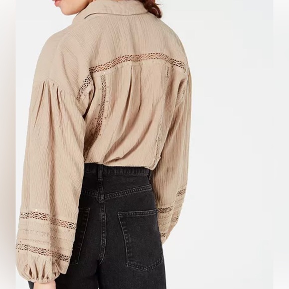 Free People Stars Lace Crochet Embellished Button Down Shirt Top Brown Beige M - Picture 2 of 11